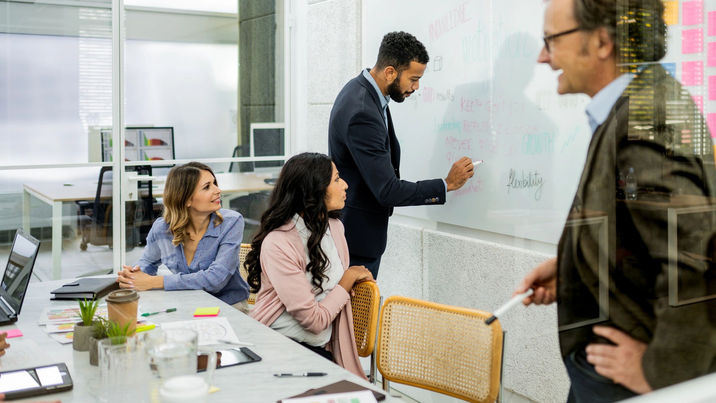 Team collaborating at a whiteboard during a brand workshop