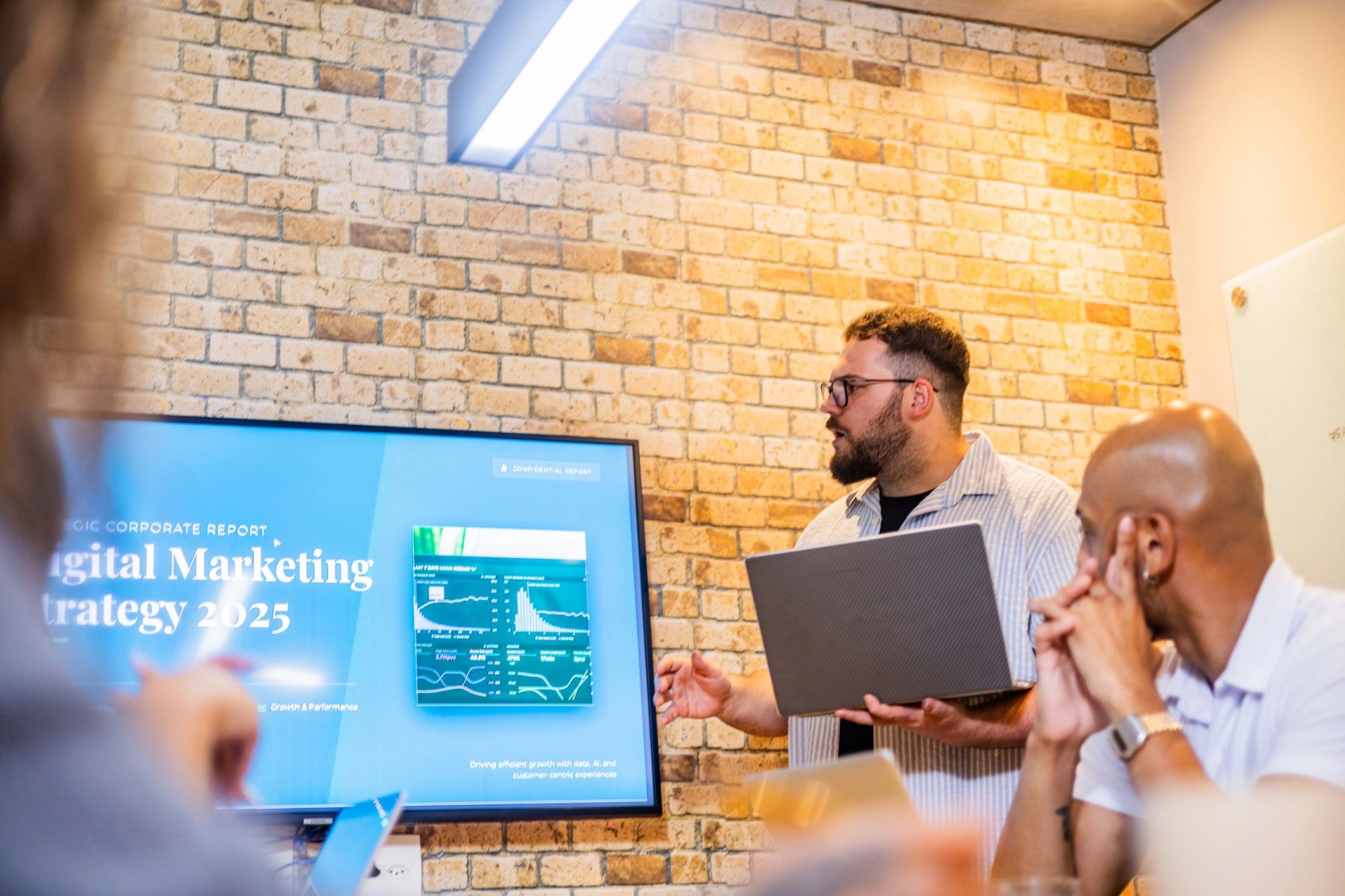 Presenter leading a marketing strategy meeting